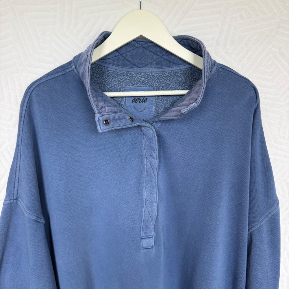 Aerie Getaway Quarter Snap Sweatshirt Oversized Washed Blue Fleece XL - Picture 3 of 7